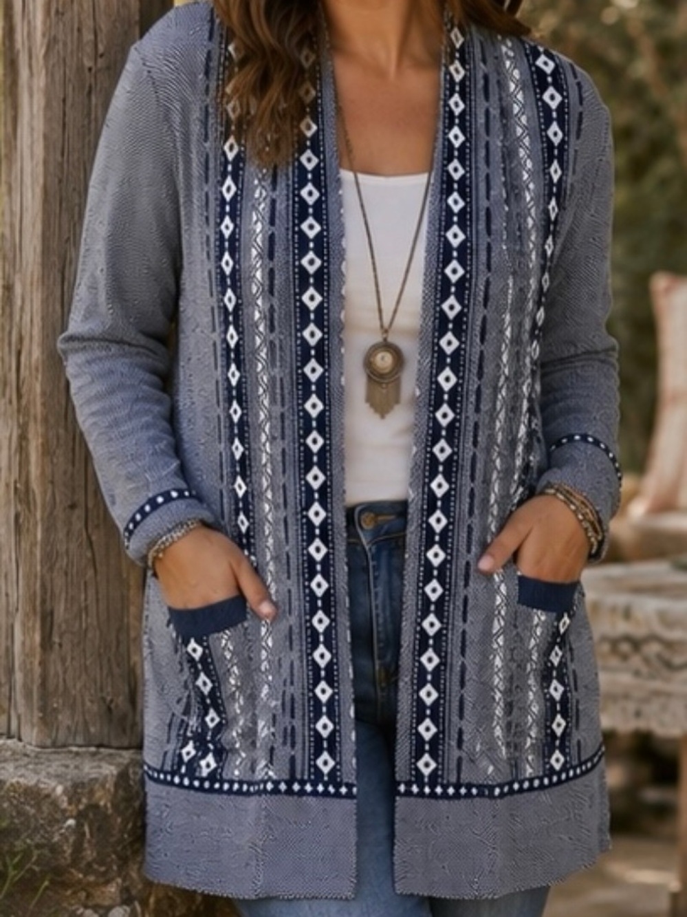 TK | Women’s Navy / White Open Front Geometric Cardigan Sweater | Size XXL